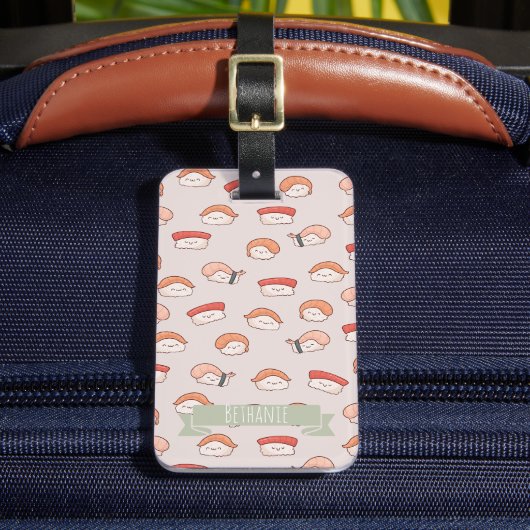 Cute Nigiri Sushi Seamless Pattern Bagagelabel (Voorkant Insitu 2)