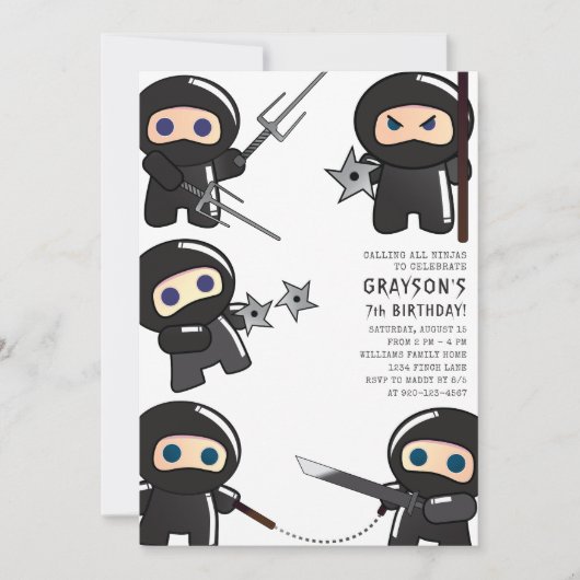 Cute Ninja Birthday Party Invitation Kaart (Voorkant)