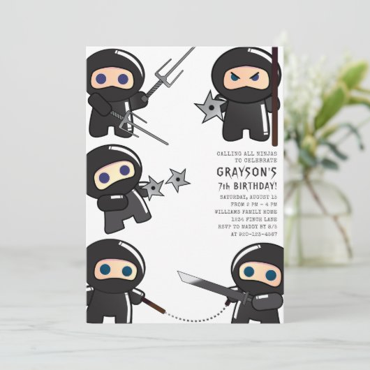 Cute Ninja Birthday Party Invitation Kaart (Staand voorkant)