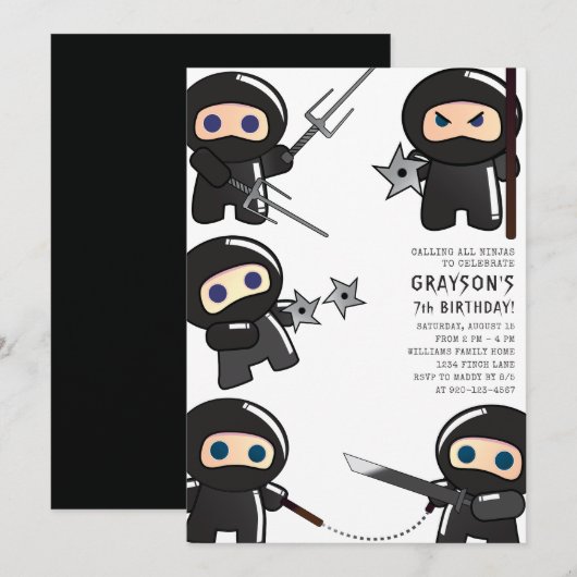 Cute Ninja Birthday Party Invitation Kaart (Voorkant / Achterkant)
