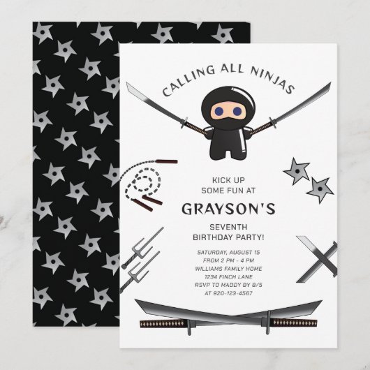 Cute Ninja Birthday Party Invitation Kaart (Voorkant / Achterkant)