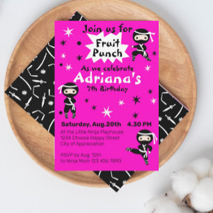 Cute Ninja Warrior Girls Pink Birthday Party Kaart
