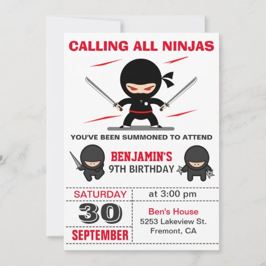 Cute Ninja Warrior Kids Birthday Party Invitation Kaart (Voorkant)