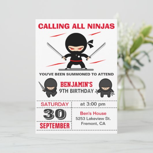 Cute Ninja Warrior Kids Birthday Party Invitation Kaart (Staand voorkant)