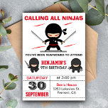 Cute Ninja Warrior Kids Birthday Party Invitation Kaart<br><div class="desc">Verrijk je gasten met deze moderne ninja-feestdag met schattige ninjas met opvallende typografie tegen een witte achtergrond. Voeg eenvoudig uw gebeurtenisdetails op deze makkelijk te gebruiken sjabloon toe om het één-van-een-soort uitnodiging te maken. Draai de kaart om een elegant zwart-wit starburstpatroon op de achterkant van de kaart te laten zien....</div>