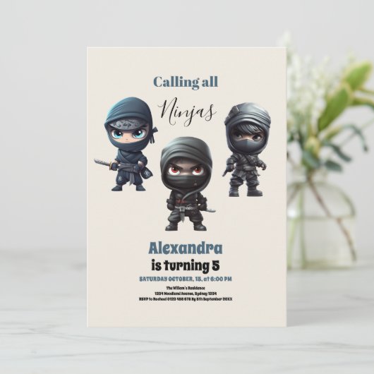Cute Ninja Warrior Kids Birthday Party Kaart (Staand voorkant)