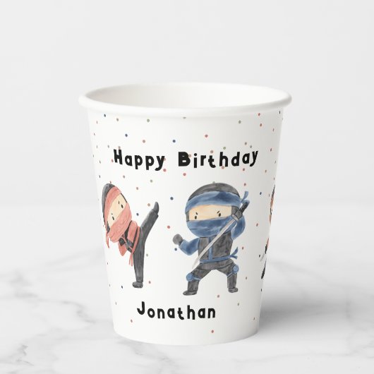 Cute Ninja Warrior Kinder Custom Name Birthday Par Papieren Bekers (Voorkant)