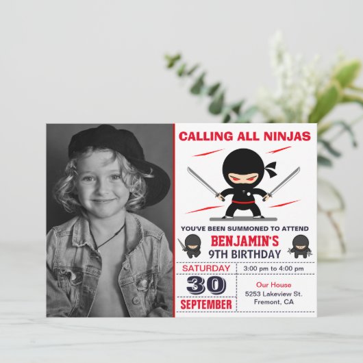 Cute Ninja Warrior Kinder Foto Birthday Party Kaart (Staand voorkant)