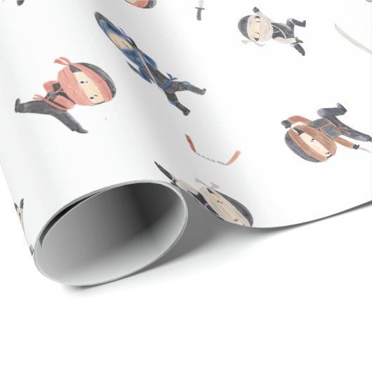 Cute Ninja Warrior Kinder White Achtergrond Cadeaupapier (Rol Hoek)