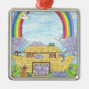 Cute Noah's Ark grappige dieren kleurrijke regenbo Metalen Ornament