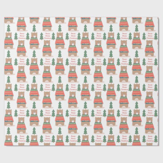 Cute Nordic Beary Merry kerst Cadeaupapier (Vlak)