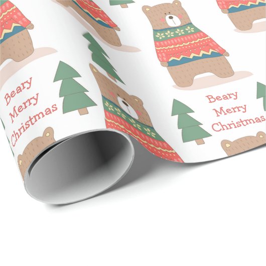 Cute Nordic Beary Merry kerst Cadeaupapier (Rol Hoek)