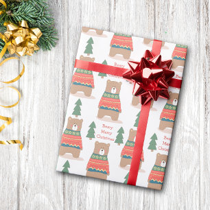 Cute Nordic Beary Merry kerst Cadeaupapier