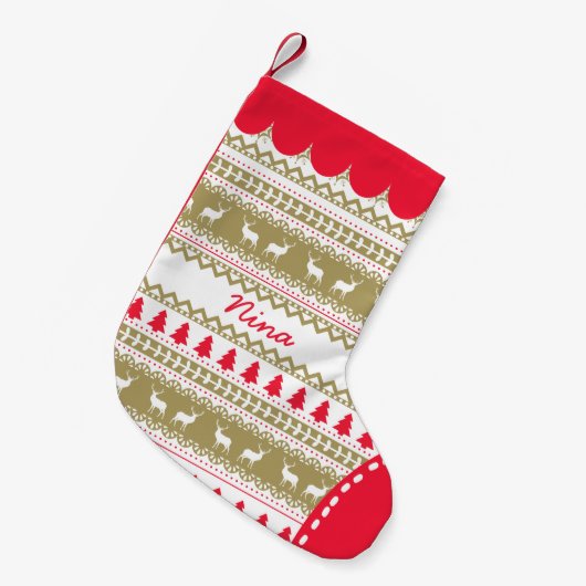 Cute Nordic Folk Feestdagen Gold Red Pattern Aange Kleine Kerstsok (Voorkant (Hangend))
