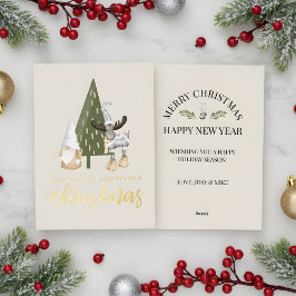 Cute nordic gnome kerst folie feestdagenkaart