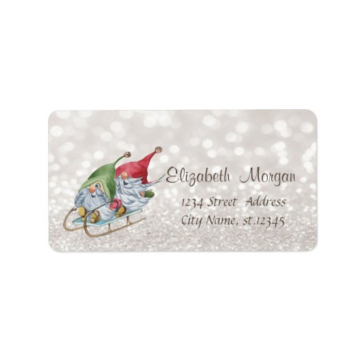 Cute Nordic Gnomes Sleigh Glittery Bokeh Etiket (Voorkant)