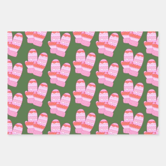 Cute Nordic Winter Mittens Pattern Pink and Green Inpakpapier Vel (Voorkant)