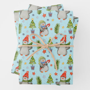 Cute North Pole Kerstpinguins Inpakpapier Vel