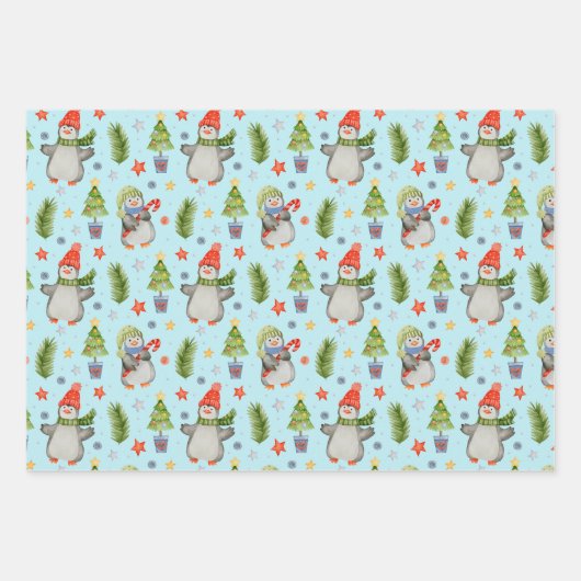 Cute North Pole Kerstpinguins Inpakpapier Vel (Voorkant)