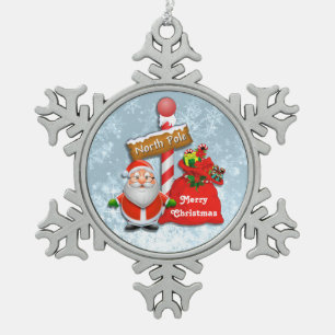 Cute North Pole Santa Snowflake Tin Sneeuwvlok Ornament