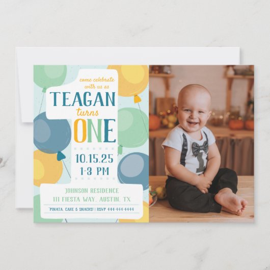 Cute Number 1 First Birthday Photo Invitation Kaart (Voorkant)