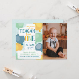 Cute Number 1 First Birthday Photo Invitation Kaart
