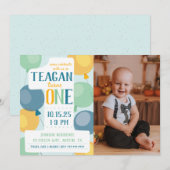 Cute Number 1 First Birthday Photo Invitation Kaart (Voorkant / Achterkant)
