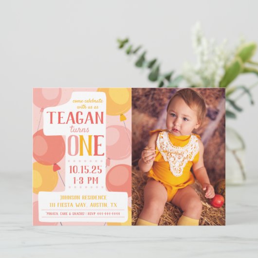 Cute Number 1 First Birthday Photo Invitation Kaart (Staand voorkant)