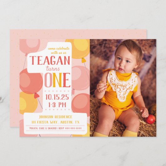 Cute Number 1 First Birthday Photo Invitation Kaart (Voorkant / Achterkant)