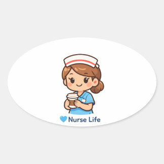 Cute Nurse Life Coffee Illustration | Nurse Sticke Ovale Sticker
