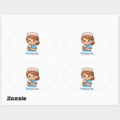 Cute Nurse Life Coffee Illustration | Nurse Sticke Ovale Sticker (Vel)
