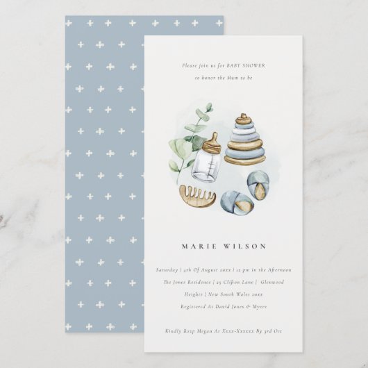 Cute Nursery Essential Blue Boy Baby shower nodigt Bedankkaart (Voorkant / Achterkant)