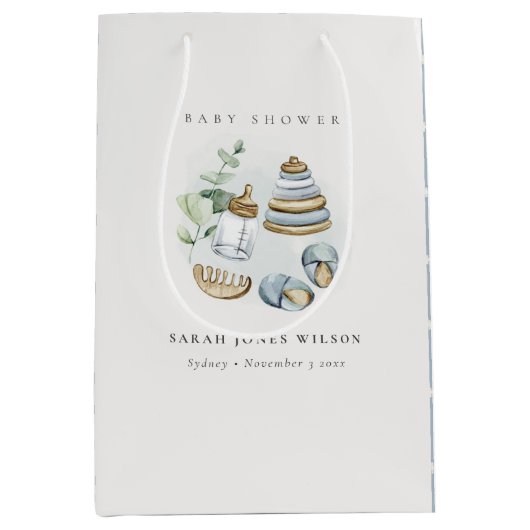 Cute Nursery Essential Leafy Blue Boy Baby shower Medium Cadeauzakje (Voorkant)