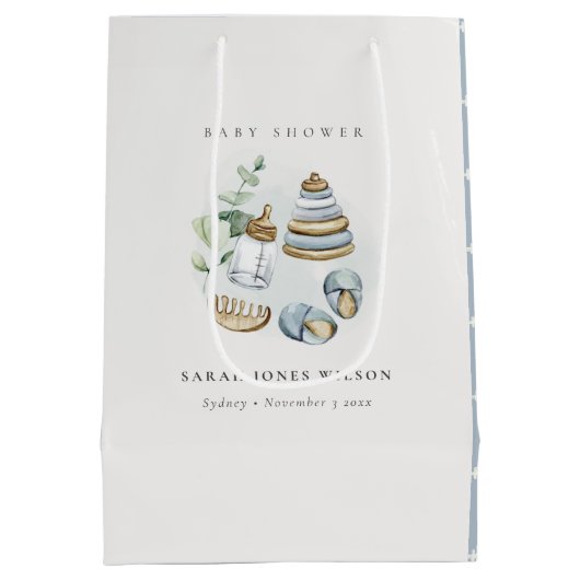 Cute Nursery Essential Leafy Blue Boy Baby shower Medium Cadeauzakje (Achterkant)