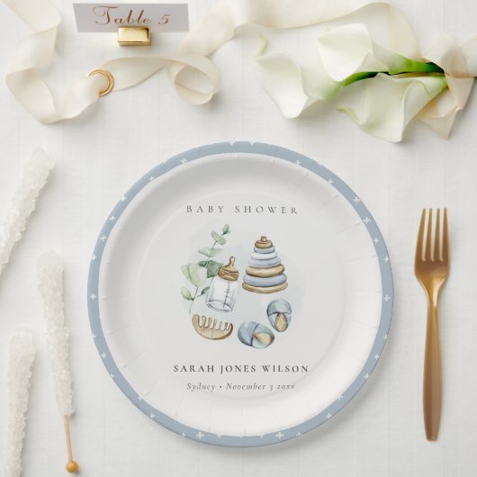 Cute Nursery Essential Leafy Blue Boy Baby shower Papieren Bordje (Huwelijk)