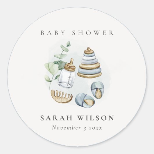 Cute Nursery Essential Leafy Blue Boy Baby shower Ronde Sticker (Voorkant)