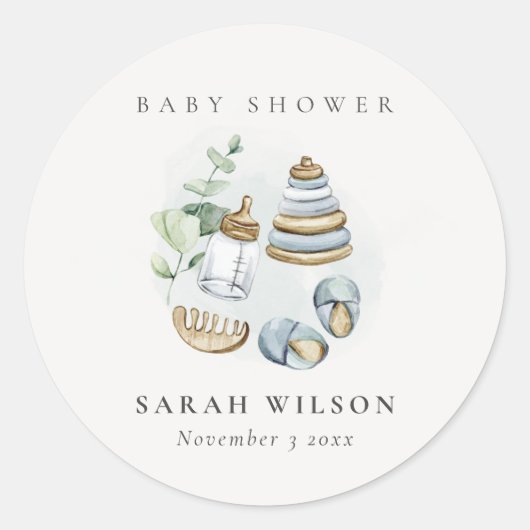 Cute Nursery Essential Leafy Blue Boy Baby shower Ronde Sticker (Voorkant)