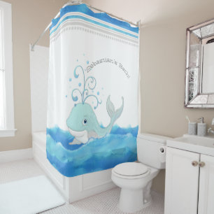 Cute Nursery Little Boy Name Whale Polka Dot Waves Douchegordijn