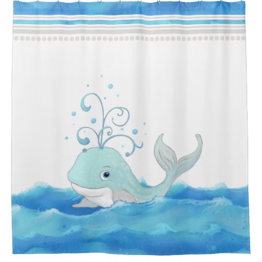 Cute Nursery Little Boy Whale Polka Dot Waves Douchegordijn (Voorkant)