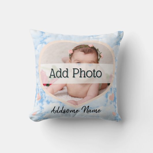 Cute Nursery Pink Heart Baby Foto naam blue sky Kussen (Voorkant)