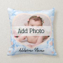 Cute Nursery Pink Heart Baby Foto naam blue sky Kussen