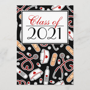 Cute Nursing School RN Black Afstuderen Invite Kaart