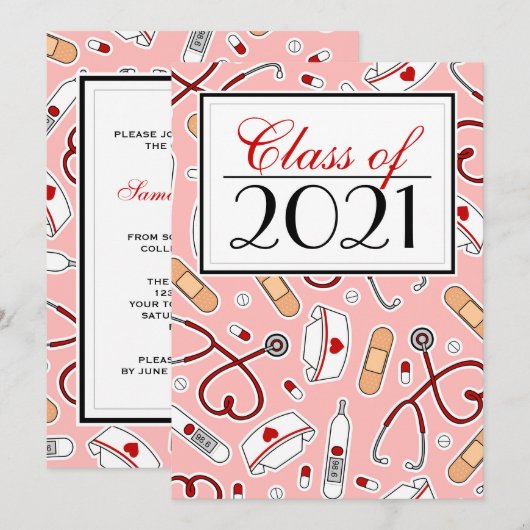 Cute Nursing School RN Roze Afstuderen Uitnodigen Kaart (Voorkant / Achterkant)