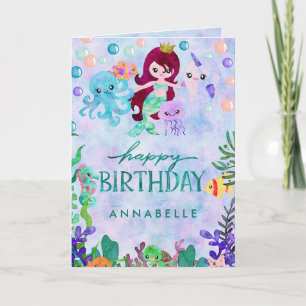 Cute Ocean Animals Mermaid Theme Happy Birthday Kaart