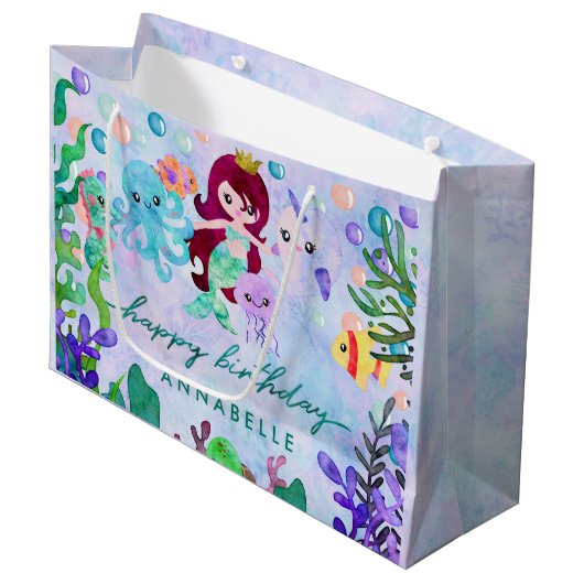 Cute Ocean Animals Mermaid Theme Happy Birthday Large Cadeautasje (Voorkant Gekanteld)