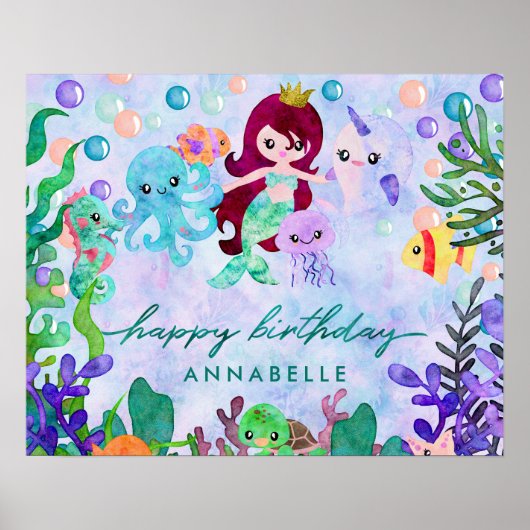 Cute Ocean Animals Mermaid Theme Happy Birthday Poster (Voorkant)