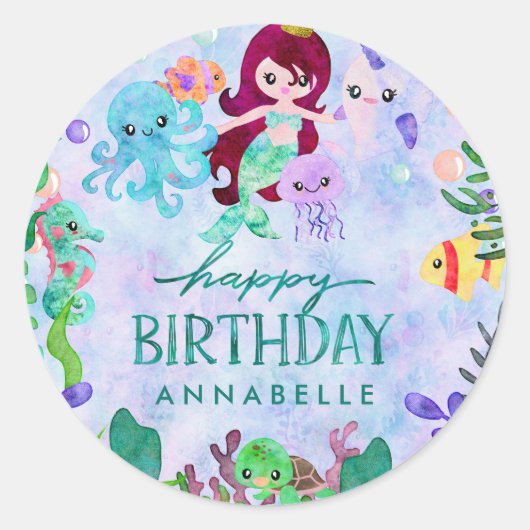 Cute Ocean Animals Mermaid Theme Happy Birthday Ronde Sticker (Voorkant)