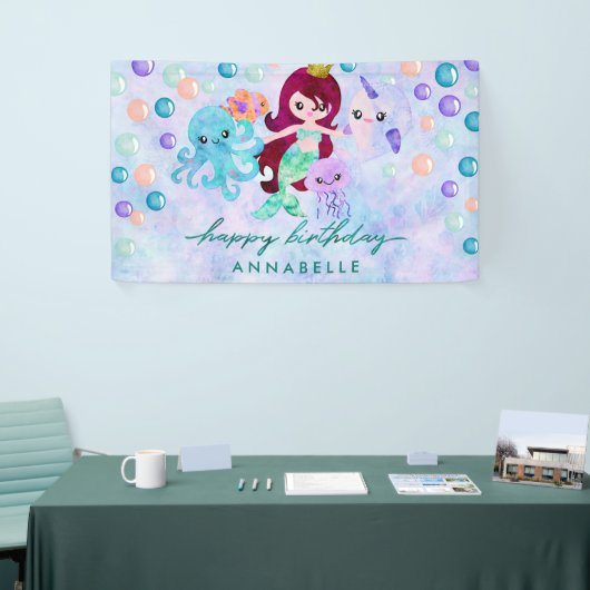 Cute Ocean Animals Mermaid Theme Happy Birthday Spandoek (Beurs)
