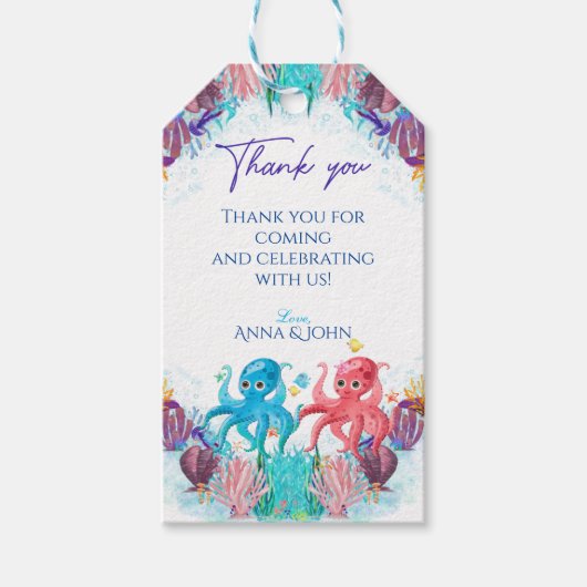 Cute Ocean Twin baby Octopus kleurrijke Gift Label Cadeaulabel (Voorkant)