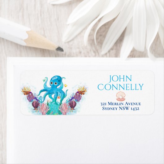 Cute Ocean Zee baby Octopus kleurful Address Labs Etiket (Insitu)